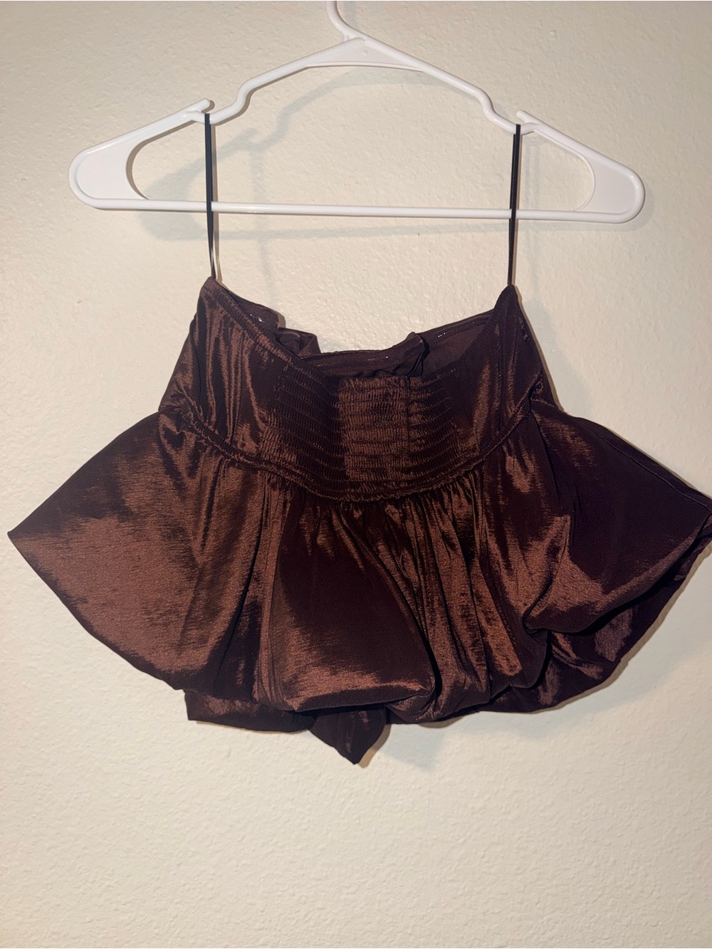 Francesca's Collections Strapless Satin Bubble Hem Top in Deep Brown - Picture 7 of 7